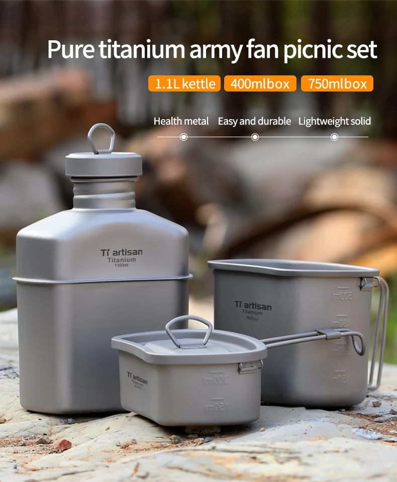 Outdoor Camping Titanium Canteen Cups Set Water Bottle Bowl Kettle