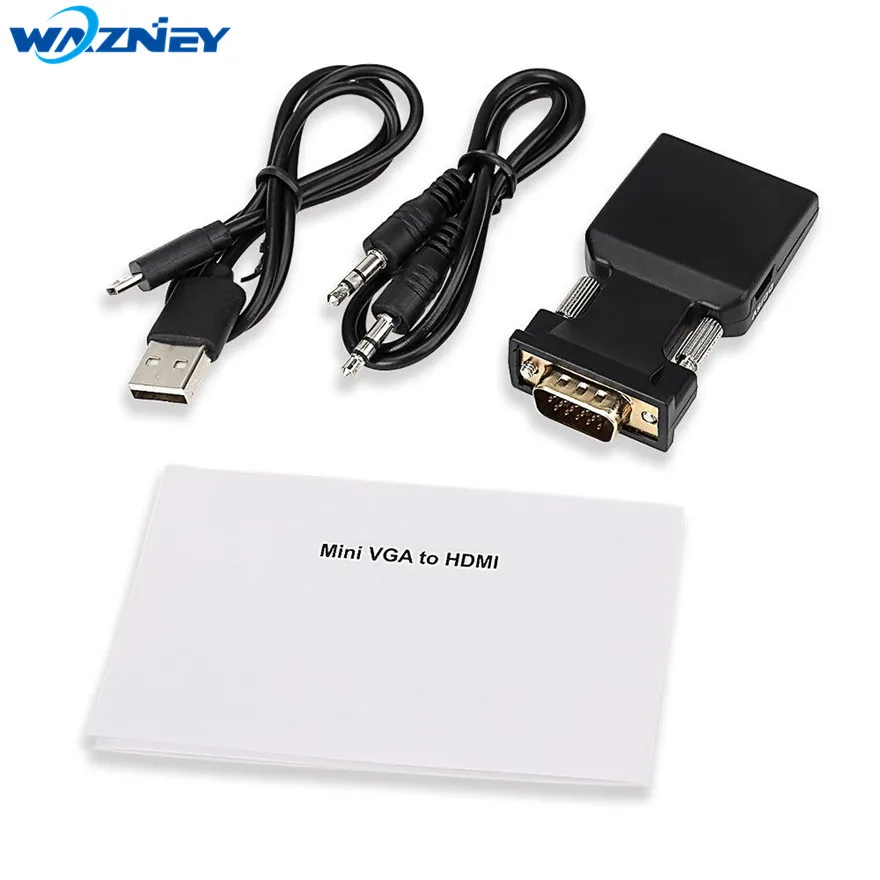 VGA to HDMI Converter Plug Adapter Male to Female Lead with Audio Output Cable Micro Power Port 1080P Signal Output for Computer