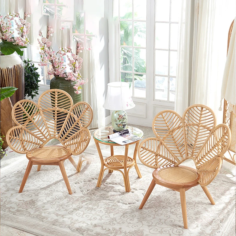Flower Backrest Rattan Design Wooden Lounge Dining Chair Weaving Leisure  Garden Chair Vintage Furniture