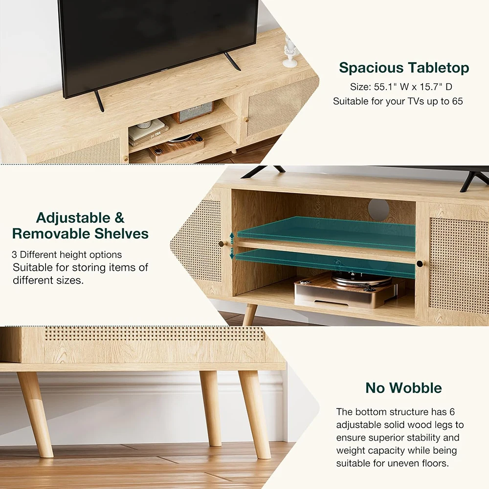 Modern Media Console for TVs up to 65'' Entertainment Center with Rattan Door 2 MDF Cabinets for Living Room Bedroom supplier