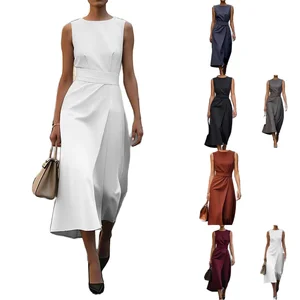 Customize Streetwear Summer Empire Waist Solid Maxi Dress Women's Sleeveless Slash Neck Casual Office Fashion