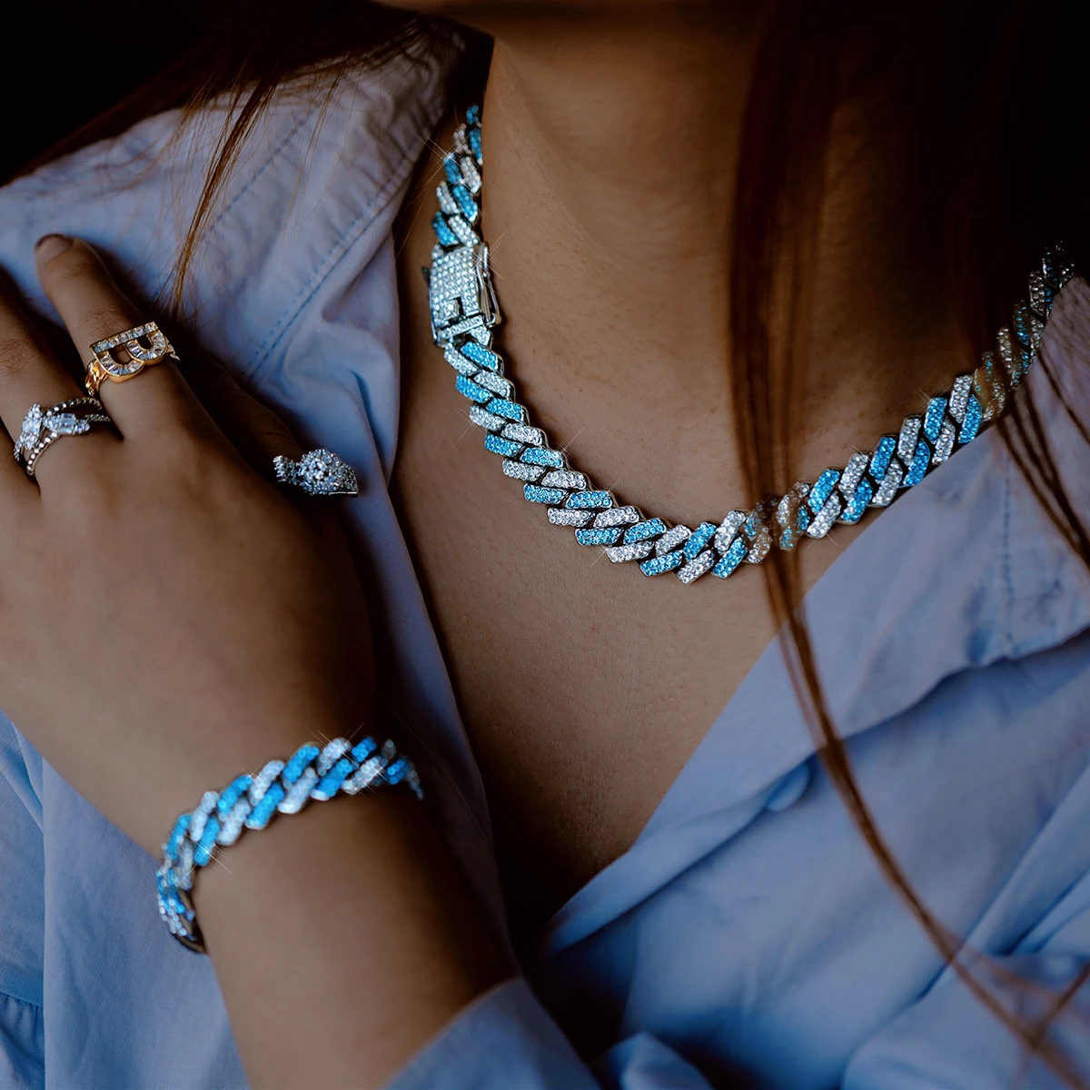 Hiphop 13MM Blue Rhombus Cuban Link Chain Necklace for Men Women