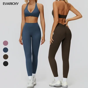 Evaricky Solid Front Activewear V-Neck Halter Sports Bra High Waist Butt Lifting Leggings Custom 2-Piece Fitness Yoga Set Women
