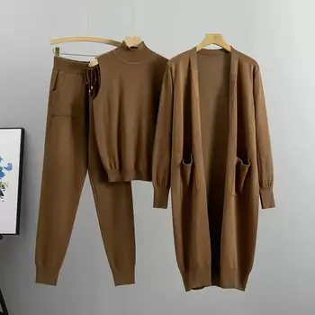 Women's Casual Knitted Fall Winter Solid Pattern Cardigan Full Length Three Pieces Set 2025 Women's Set