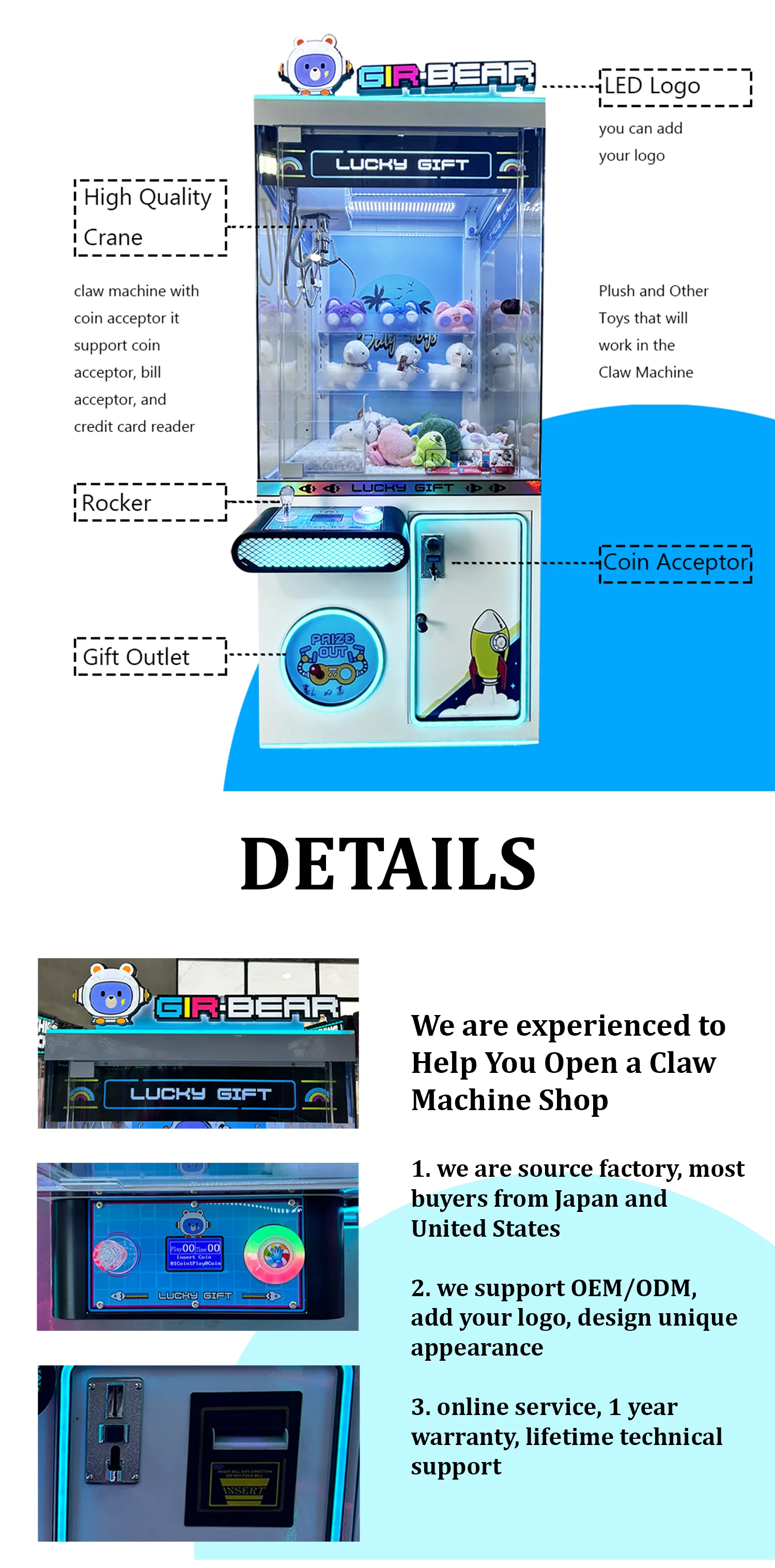 Funpark Plush Catcher Claw Machine with Bill Acceptor Open a Shop Arcade Game Prize Doll Grabber Coin Pusher Claw Crane Machine supplier