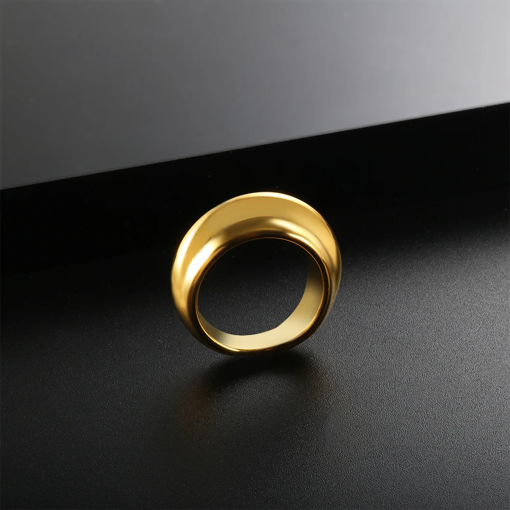 Men Simple Design Round Shape Gold Color Waterproof Korean Ins Street Style Concave Convex Arc Ring Customize Name Rings