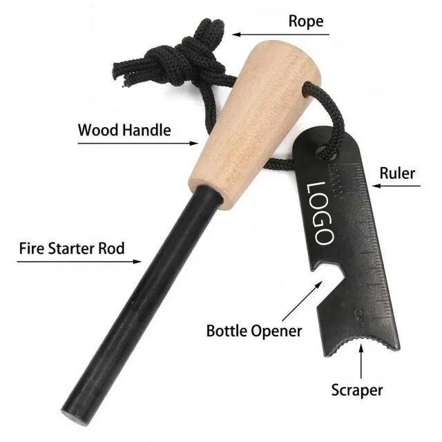 1/3 Bushcraft Ferro Rod Whistle and Blowtube Survival Fire Steel Kit with Thick Wood Handle for Hiking & Camping details