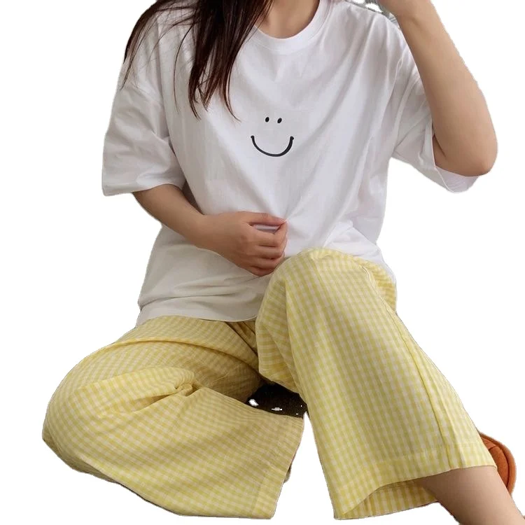 Wholesale Lady New Pajamas Short Sleeve Plaid Pants 2Pcs Set Sleepwear  Smile Printed Shirts Soft Milk Silk Korean Simple Women Home Wear From  m.alibaba.com