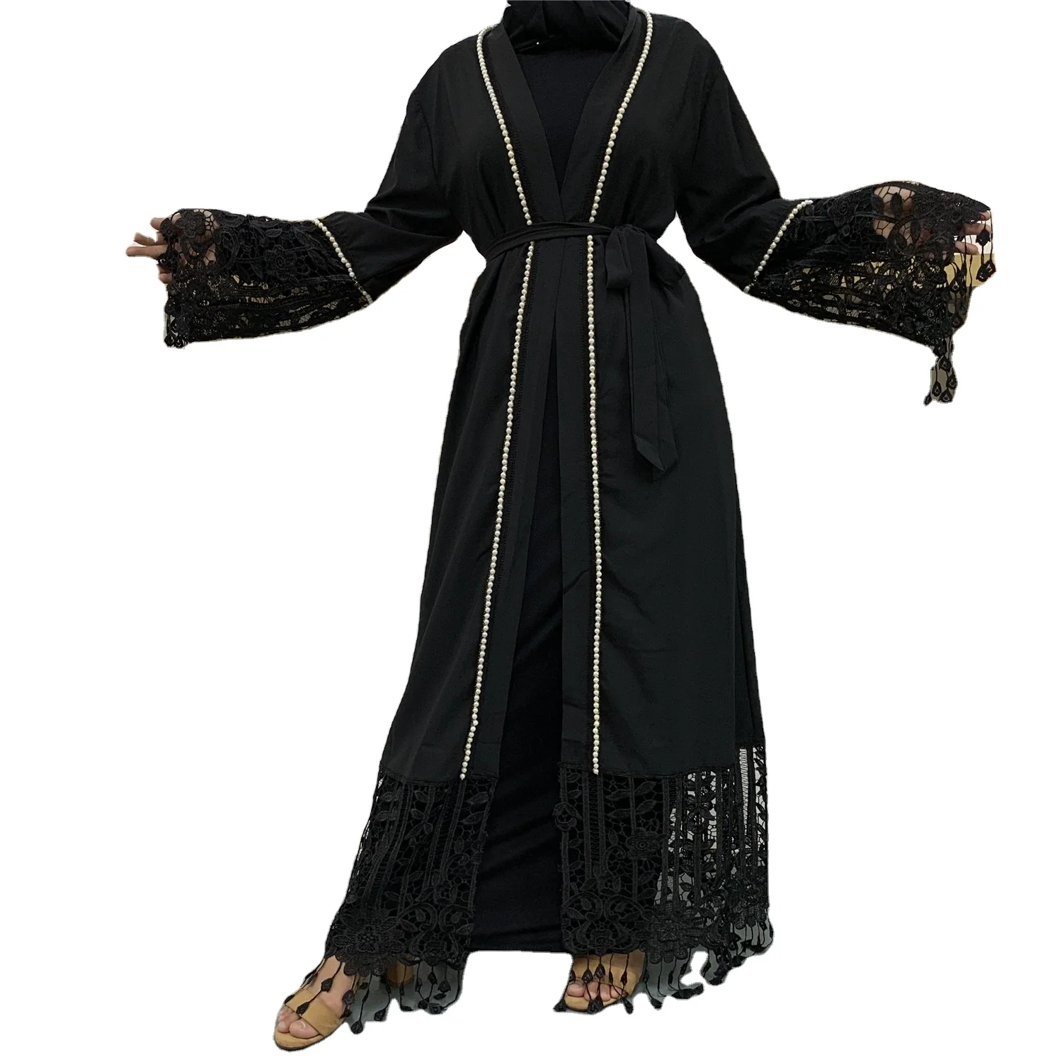 S0032 Muslim Lace Maxi Dress Black Abaya Women Kaftan Pearls Embroidery  Long Robes Kimono Jubah Ramadan Arab Islamic Clothing