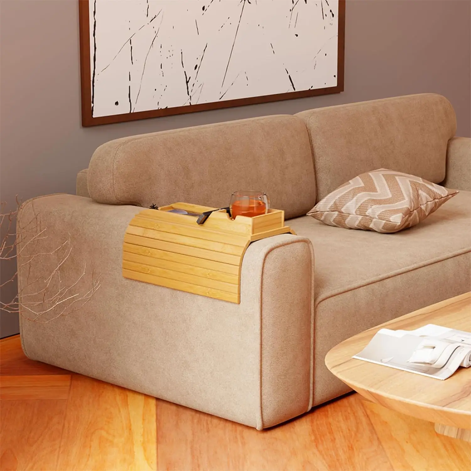 Bamboo Sofa Armrest Tray with Removable Sofa Cup Holder Part Non-slip Foldable Sofa Table Tray