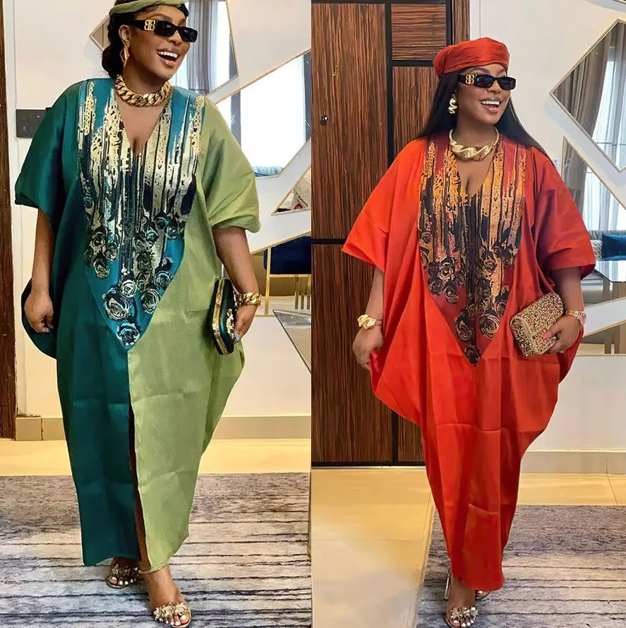 African Muslim Ayaba Ethnic Style Loose Fitting Robe With Headscarf Half  Sleeve Oversized Color Matching Long Maxi Dress