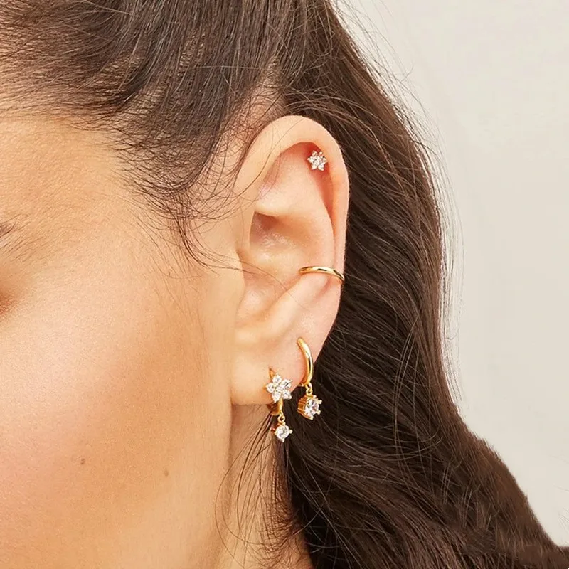 Flower 4 Pieces Set Multicolour Diamond Stud Hoop Drop Earrings Set Fashion 925 Sterling Silver Earrings Women