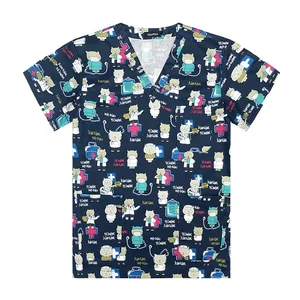 Unisex Woven Cotton Short Sleeve Cartoon Printed Scrubs for Hospital Use Breathable V-neck Design S-2XL Sizes All Season