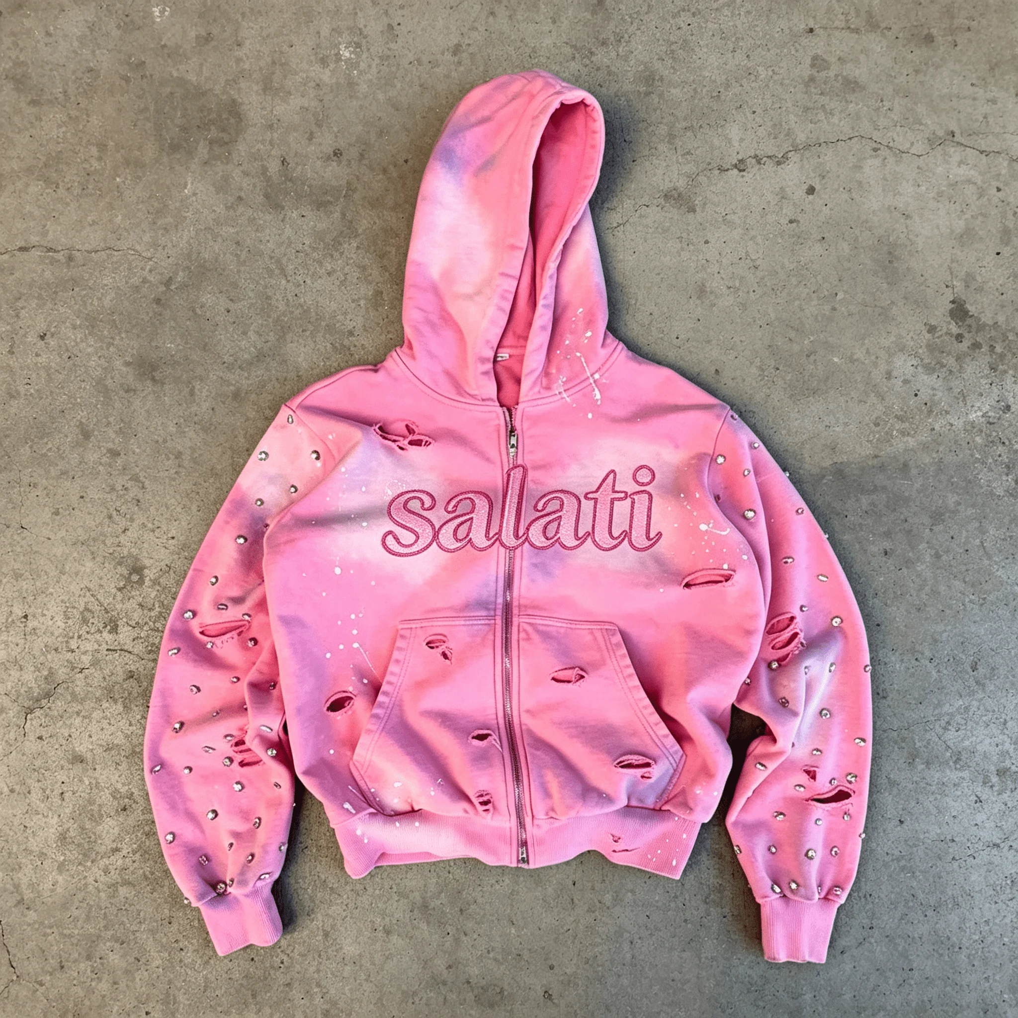 Custom Men Punk Destroyed Vintage Washed Distressed Studded Acid Bleach Splatter Heavyweight Oversized Graphic Zip up Hoodie gallery 6