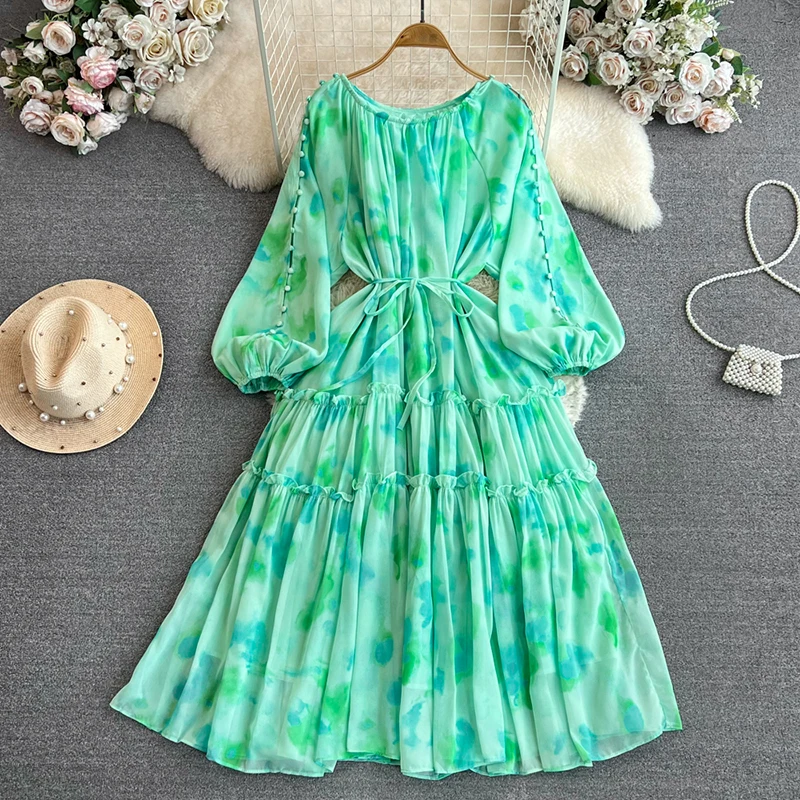 Dress Womens Clothing Lady Dresses Women Floral Print Solid Color Long  Sleeved Casual Holiday Dress