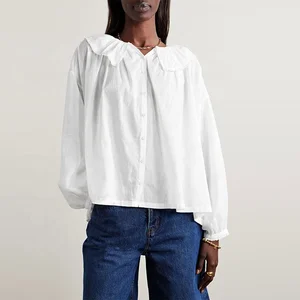 Clothing Manufacturer Custom Spring Summer White Lapel Long Sleeve Elegant Cotton Casual Women Top Shirt