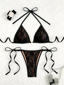 Custom New Sexy Black Lace Two Piece Bikini Set Triangle Halter Swimsuit Women Side Tie Thong Swimwear