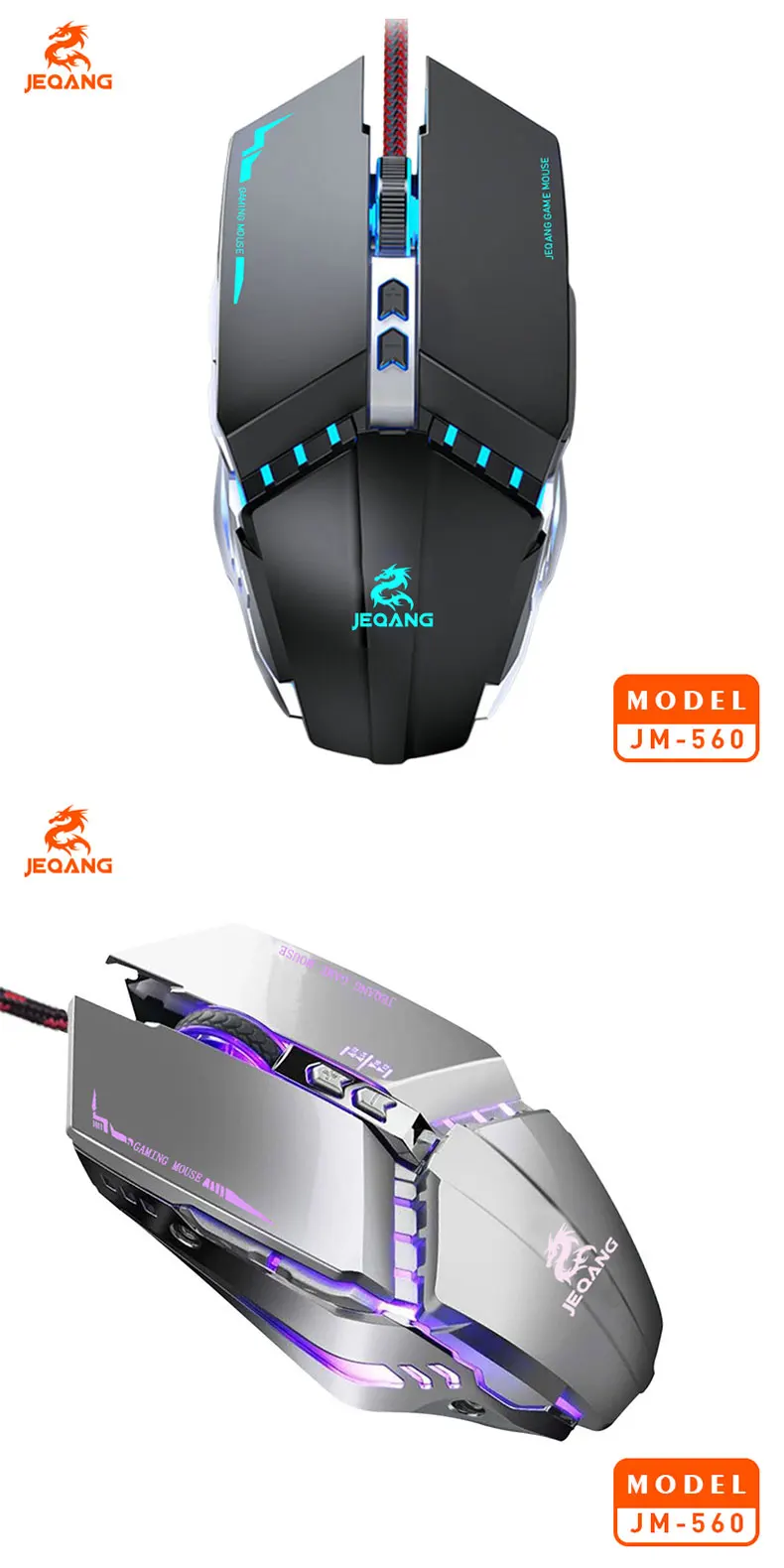 JEQANG JM-560 Wired USB Optical Backlit Ergonomic 7D Gaming Mouse Sliver Color for Computer Laptops in Stock