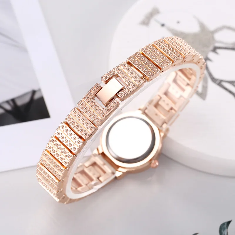 6pcs Wedding Party Women's Rose Gold Alloy Steel Band Quartz Watch Set with  Diamonds Roman Scale Literal Bracelet Ring Earrings Necklace Big Diamond