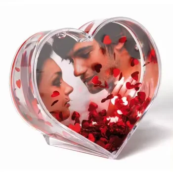 wholesale custom loving gift heart shape photo frame Picture Insert Wedding Souvenir Gift Glitter Heart Snowflakes Snow Globe