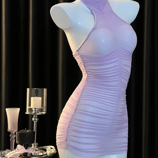 Wholesale Sexy Sheer Mesh Ruched Bodycon Mini Dress Halter Neck Transparent  Nightwear See Through Exotic Lingerie Clubwear Women