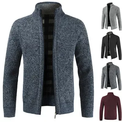High Quality Custom Men's Winter Veet Thick Fleece Sweater Long Sleeve Stand-Up Zipper Cardigan Coat Jacket_voghion.com