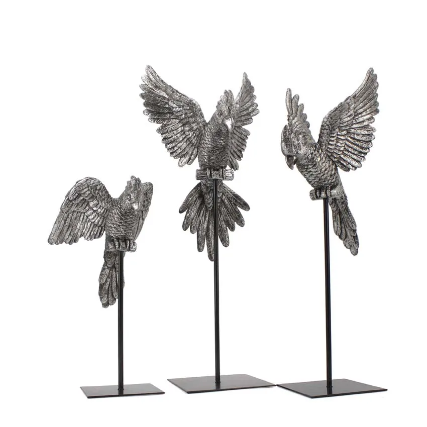 Popular Resin Silver&Gold 3D Parrot Bird Decoration Set of 3 For Sales