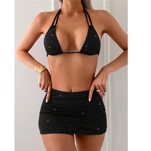 Black 3 Pieces Bikini Set 2026 Summer Beach Cover up Women'S Swimsuit