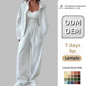 Custom Women's Clothing Heavy Weight Zip up Sweatsuits Tracksuit Latest Design Baggy Two Piece Zip up Hoodie and Sweatpants Set