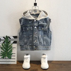 Custom Spring Autumn Children's Outwear Coat Sleeveless Hooded Cotton Denim Casual Baby Boy Vest Jacket Clothes for Kids
