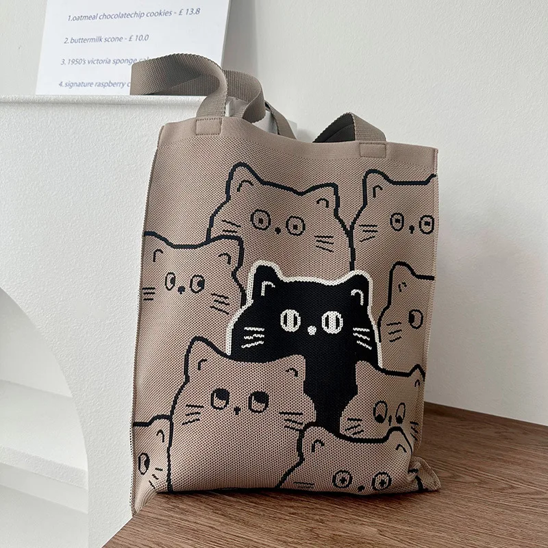 product washable soft durable casual chic tote bag fly knitting tote small size open closure polyester knitted fabric bag-9