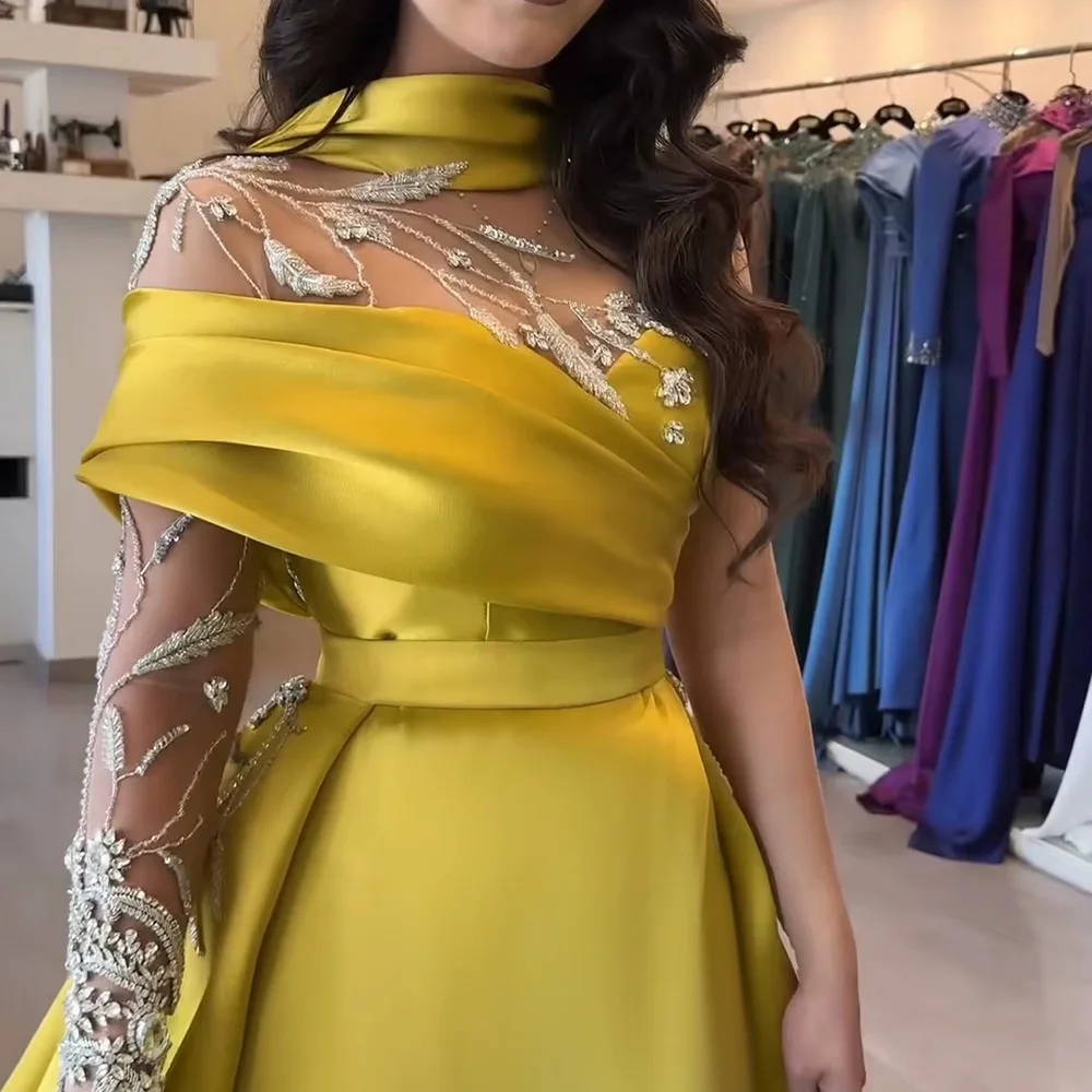 Elegant Gold Yellow Satin Arabic Evening Gowns With Overskirt One Sleeve for Dubai Wedding Party Lsz302 Elegant Gold Yellow Satin Arabic Evening Gowns With Overskirt One Sleeve for Dubai Wedding Party Lsz302
