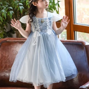 Newest Elsa Kids Shawl Dress Blue Sequined Pearl Snowflake Decoration Formal Princess Cosplay Costume for Children Summer