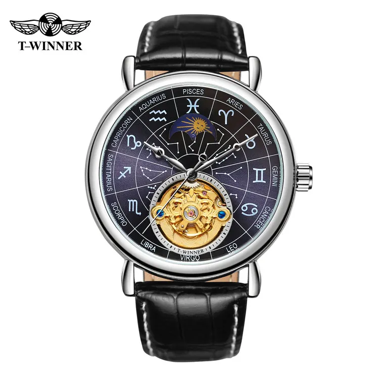 Стильные механические часы-победитель 8271 из Китая, новейшие механические часы из натуральной кожи с водонепроницаемообразным ремешком, автоматические Простые повседневные ручные часы