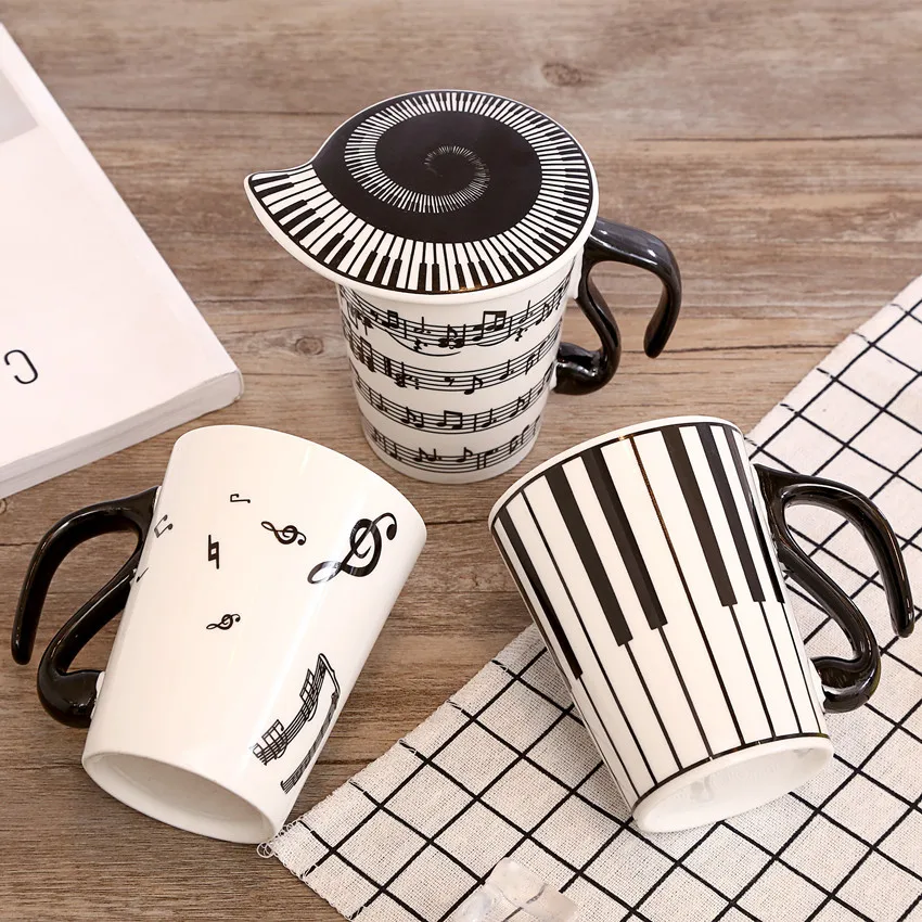 Creative Ceramic Music Notes Mark Water Lovers Keyboard Pair Cup Coffee Mug With Lid