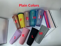 DSY BPA FREE 24oz Coffee Mug Double Wall Plastic Acrylic Shiny Matte Snow globe Studded Cups Tumbler with Straw and brush