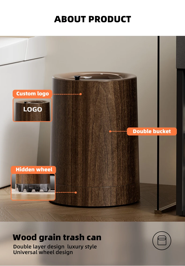 product wanuo classic wood grain trash can double barrel structure trash can flexible wood textured trash can with hidden wheels-1