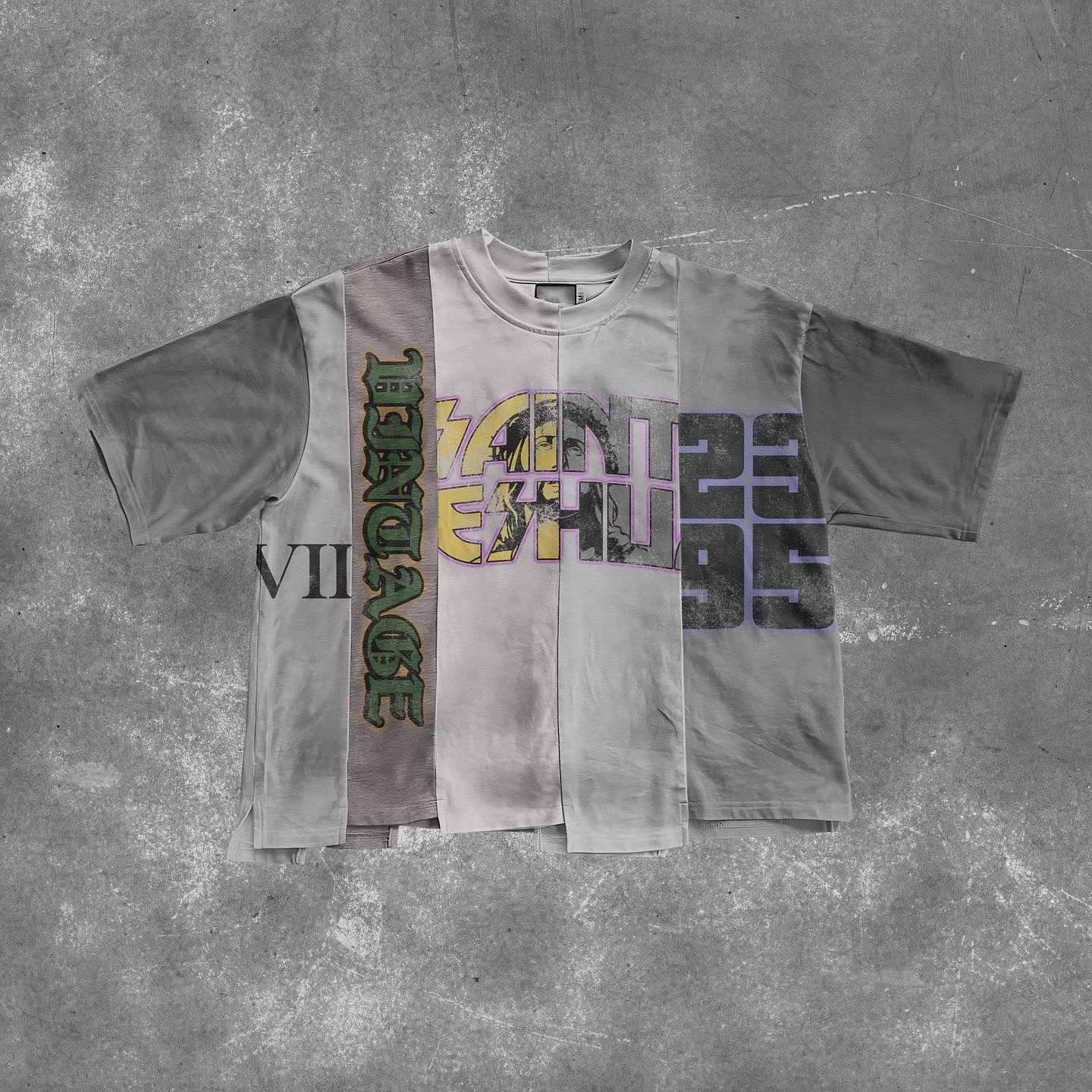 Salati Manufacturer Custom Panel Color Tee Men Block Acid Washed Sun Faded Vintage Hem Cut Sew Splicing Streetwear T Shirt Men gallery 4