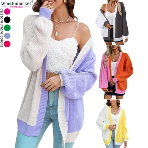 Trendy Luxury Knitwear Cozy Chunky Knit Coat Long Sleeve Open Front Color Block Oversized Sweater Knitted Cardigan for Women