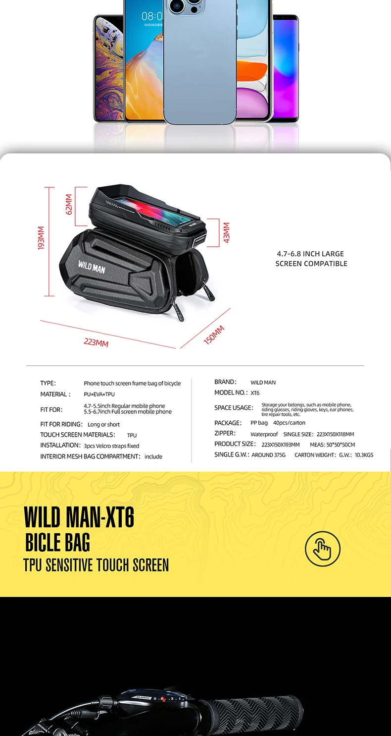 Wild man xt6 wodoodporna torba na ramę rowerową z touchscreenem_voghion.com