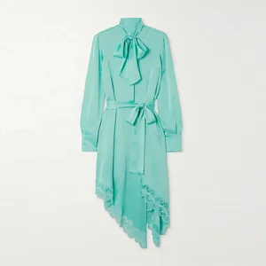 Clothing Manufacturer Custom Spring Autumn Blue Long Sleeve Corset Lace Elegant Casual Satin Midi Women Dress