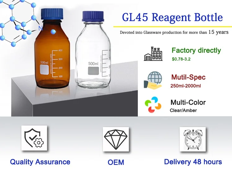 Glass reagent bottle with GL45 cap