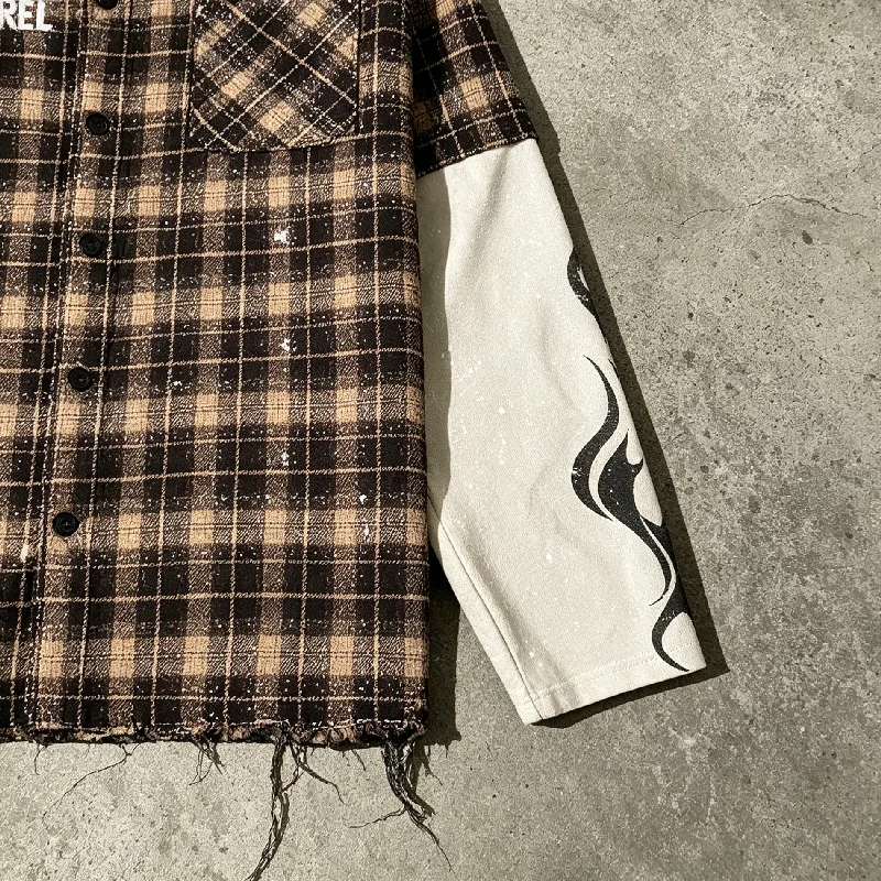 Salati Boxy Cropped Long Sleeve Tee Diamond Rhinestone Embroidery Check Plaid Button Up Flannel Shirt For Men gallery 3