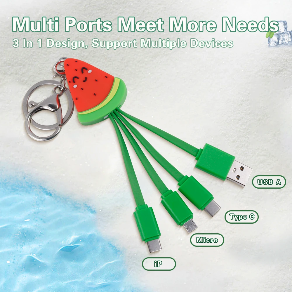Creative Fruit 3 In 1 Charging Cable Watermelon Design Keychain Cable 3 In 1 Charging Cable For Promotional Summer Business_voghion.com