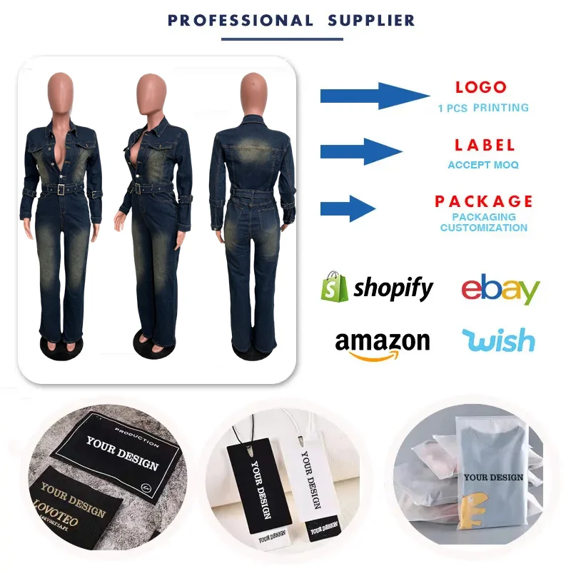 SMR8047 Ladies Summer Backless Straight Patchwork Denim Jumpsuit