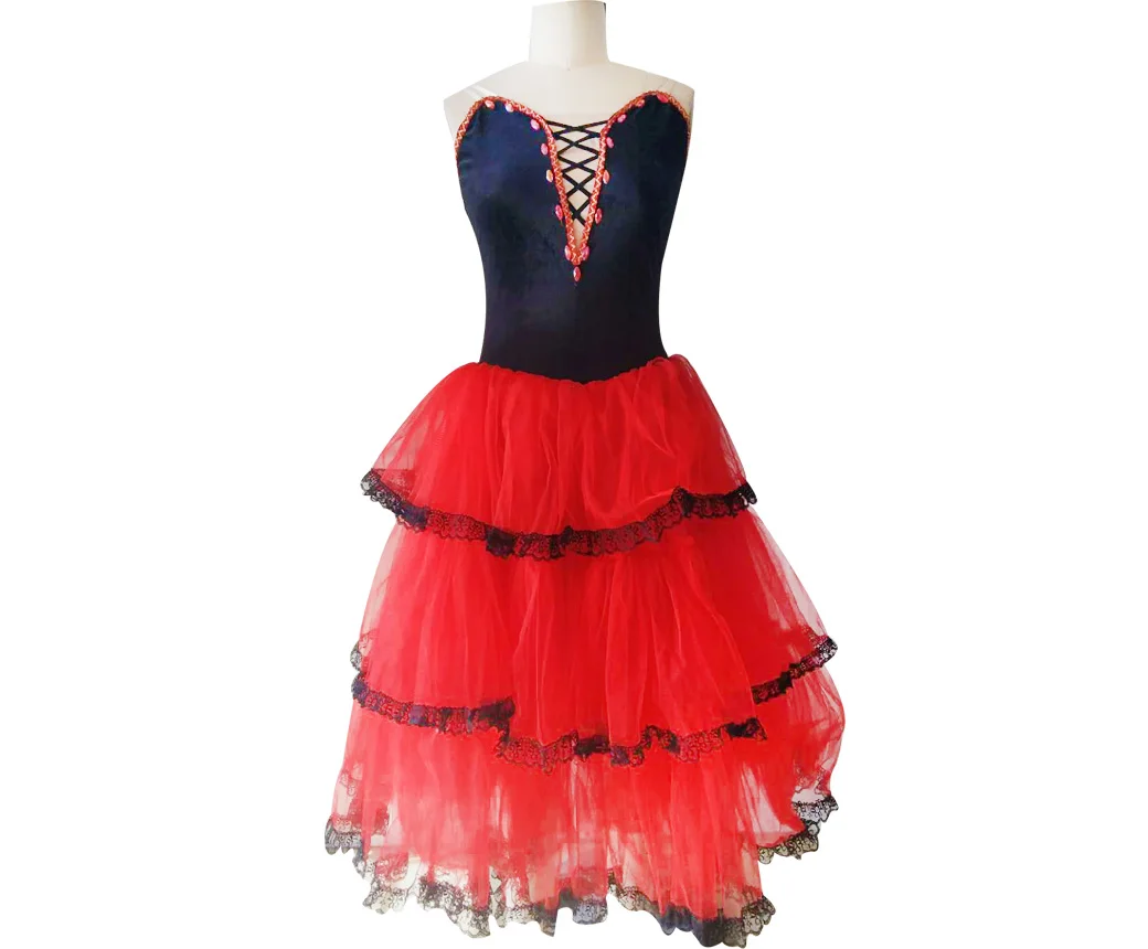 Shop Our New Spanish Style Black Velvet and Red Tulle Ballet Long Dress.  Perfect for Stage Dance Wear.