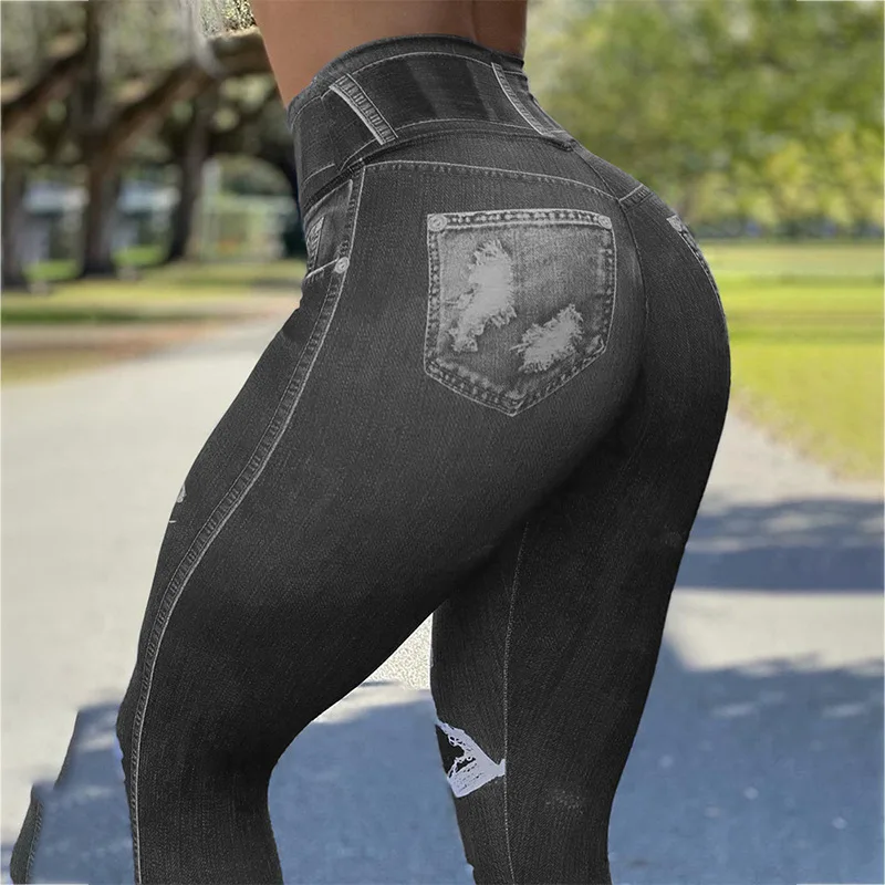 Fashion Plus Size Digital Printing Fake Denim Jeans Stretch Distressed ...