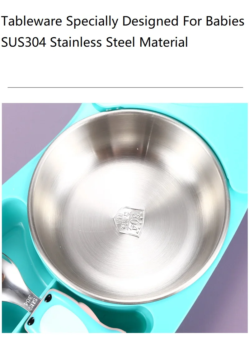 304 children cartoon pig bear dinner plate set stainless steel baby food supplement spoon and fork baby split lunch box