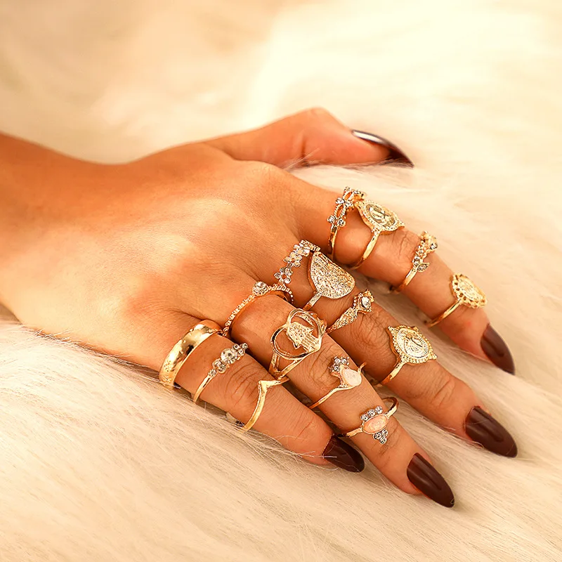 15 Pcs/set Boho Virgin Mary Gold Rings Alloy Jewelry