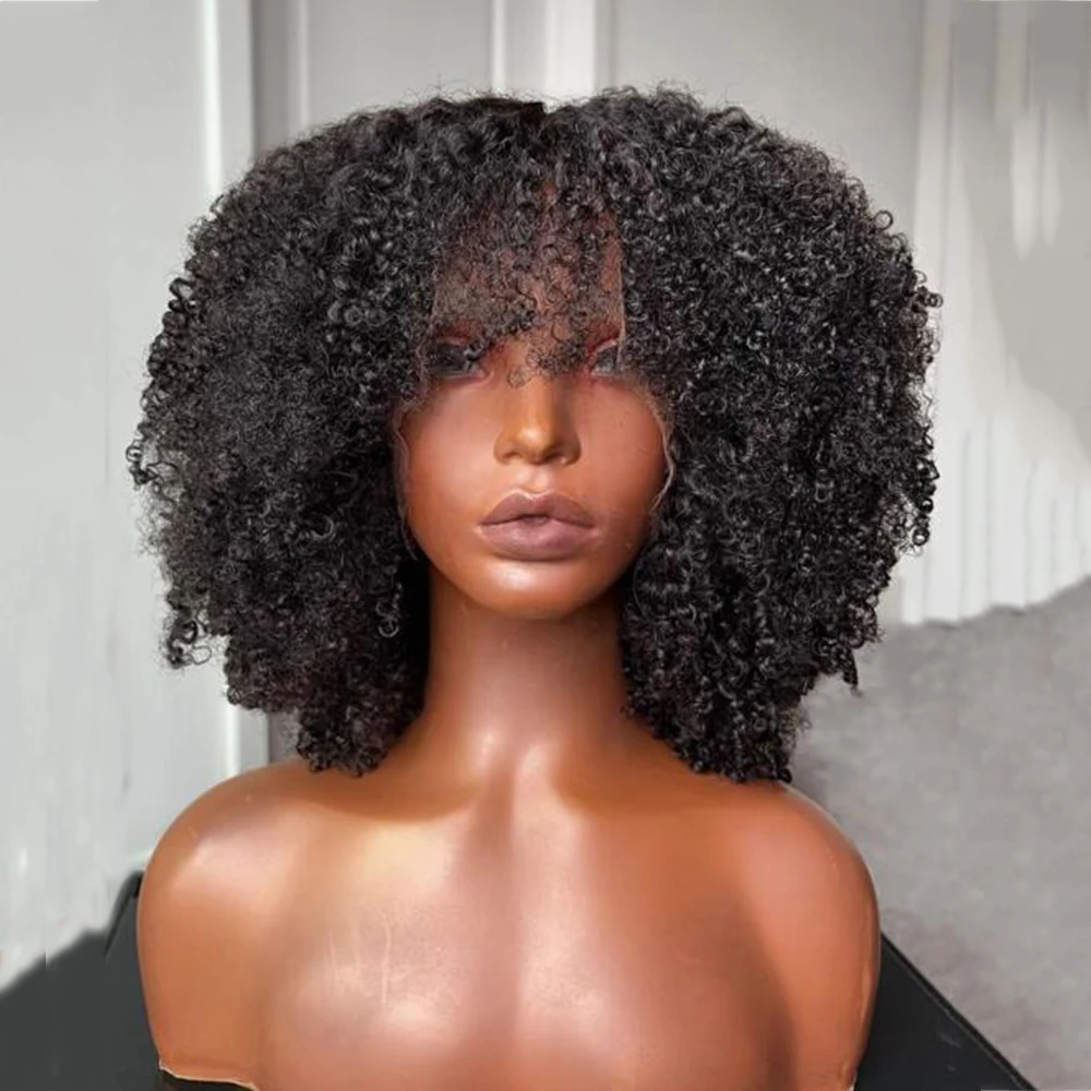 Glueless Lace Front Human Hair Wig With Bangs Afro Kinky Curly Wig